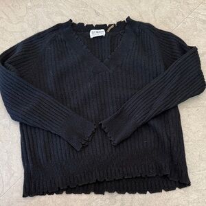 27 Miles Malibu Black Ribbed V-Neck with Scalloped Edges